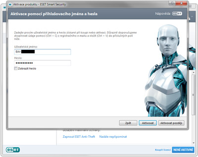 Vložte Uživatelské jméno a heslo