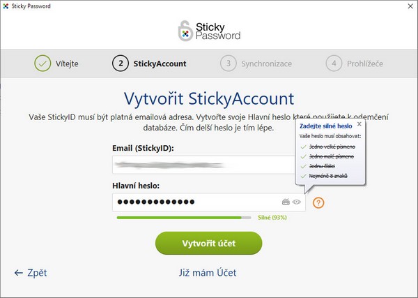 Vytvoření nového účtu StickyAccount