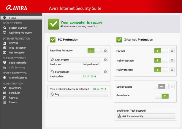 Rozhranní Avira Internet Security Suite