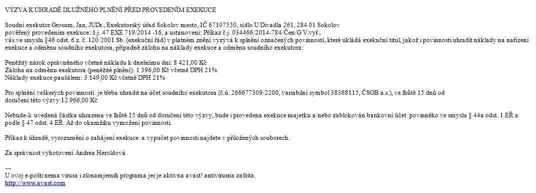 Spam vyhrožuje uživateli, že mu hrozí exekuce